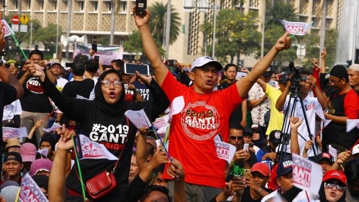 Supporters rally behind the hashtag movement #2019GantiPresident (‘Change the President in 2019’) at the National Monument in Jakarta, 6 May 2018 /  ANTARA/Muhammad Iqbal